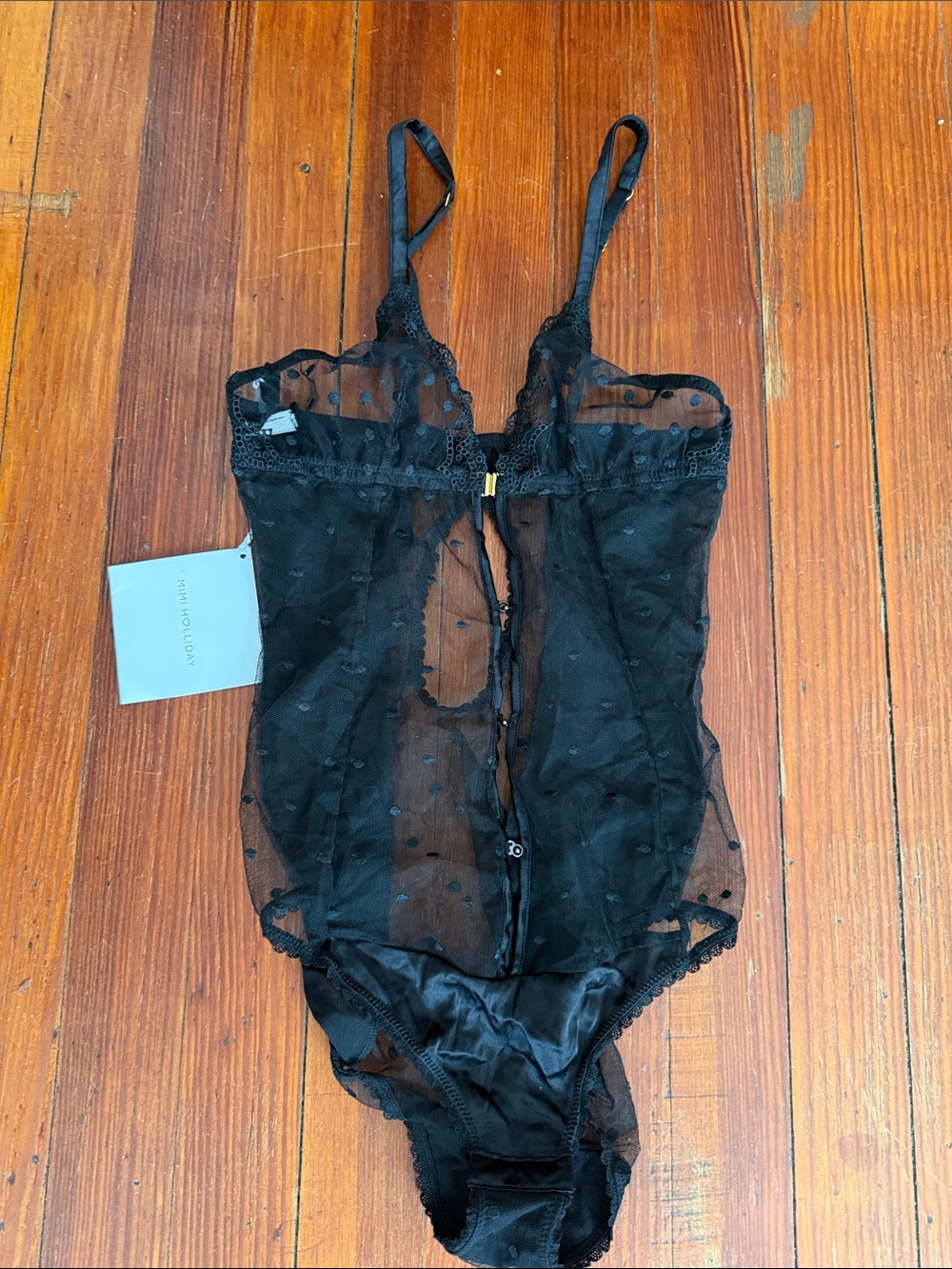 New with tags Mimi Holliday Sheer Black Polka Dot Lace Bodysuit Size Small